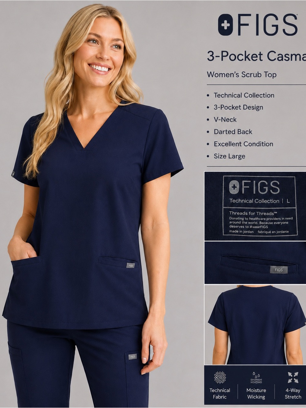 FIGS 3-Pocket Casma Women’s Navy Blue Scrub Top Size Large Technical Collection